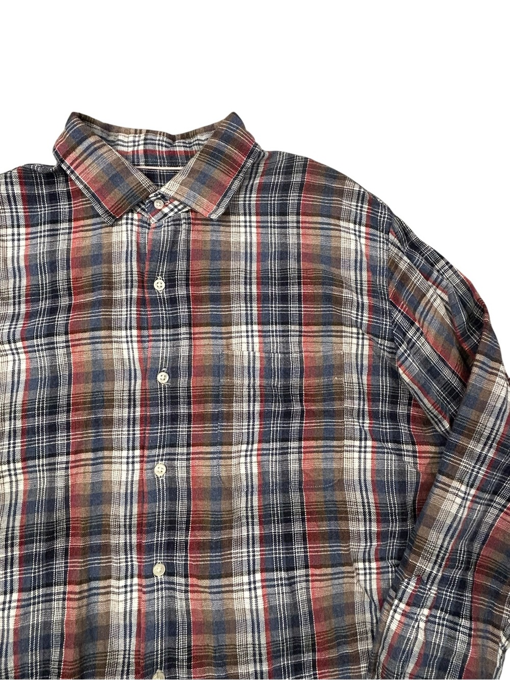 Peter Millar Navy, Brown & Red Plaid Button-Down Flannel Shirt L‎ Casual Soft